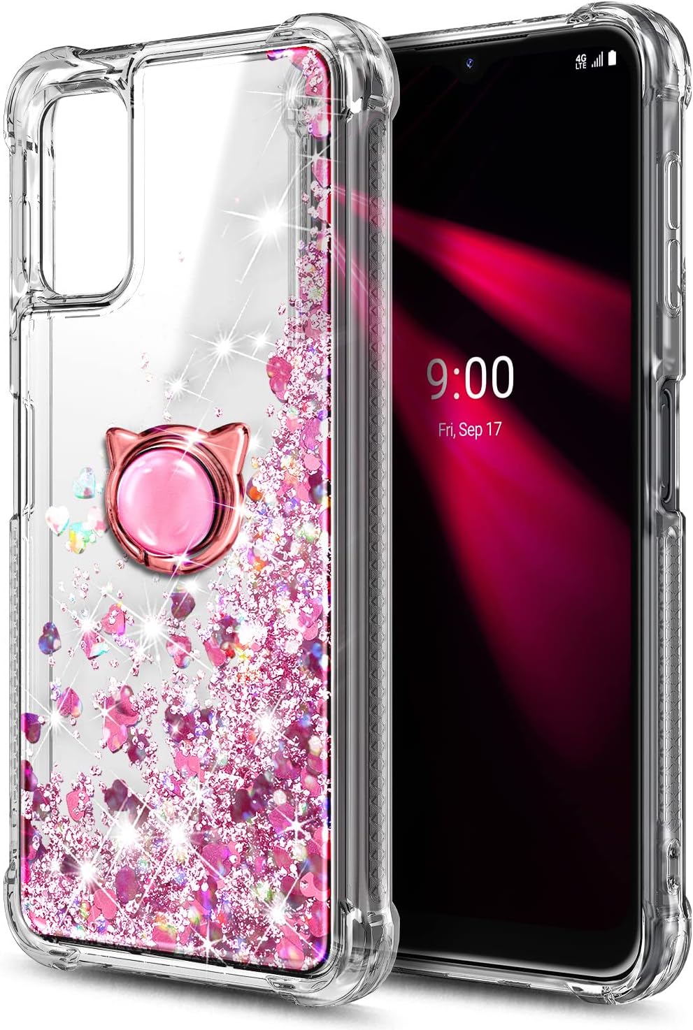 NZND Case for T-Mobile REVVL V (6.52" 4G 2021) with Tempered Glass Screen Protector (Maximum Coverage), Ring Holder/Wrist Strap, Women Girls Sparkle Glitter Liquid Cute Case (Rose Gold)
