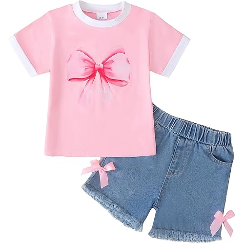 Jecson Toddler Girl Clothes Summer Cotton Print T-Shirt and Jeans Shorts Set Casual Girls 2 Piece Outfits Sets 2T-8Y