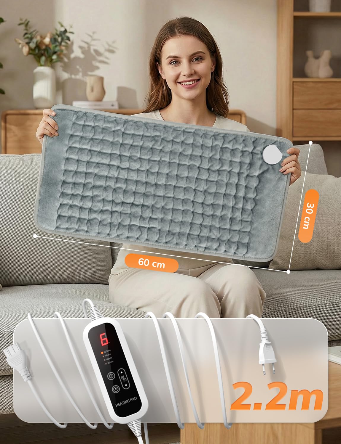 Coussin Chauffant Électrique 60 x 30cm pour Dos Épaules Abdomen 6 Niveaux de Température 4 Réglages de Minuterie Chauffage Rapide Arrêt Automatique Lavable en Machine Gris Foncé