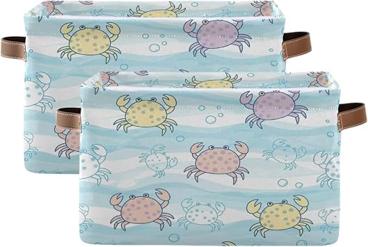2 PACK Pastel Crabs Storage Baskets - Collapsible Canvas Bin for Home Organization, Decorative Fabric Box with Handles