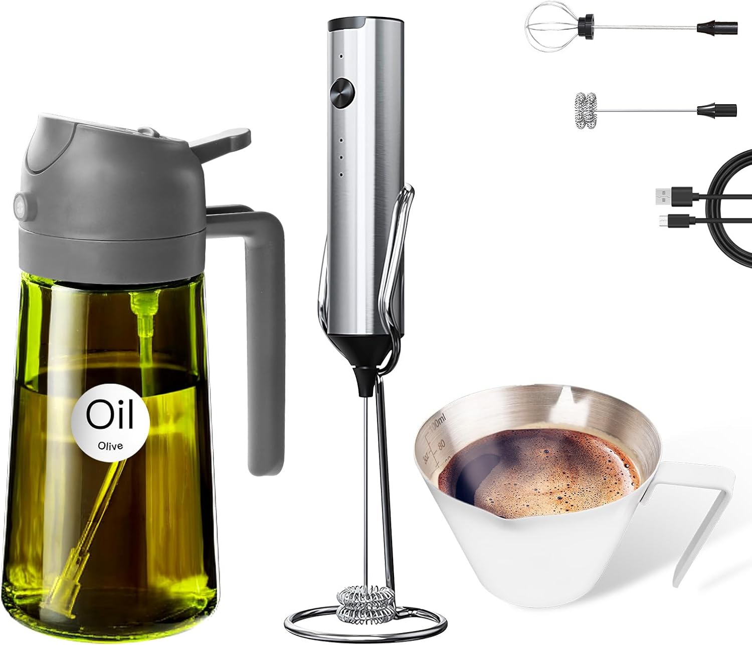 YARRAMATE 16oz/470ml Glass Olive Oil Sprayer (Grey), Espresso Cup and Rechargeable Milk Frother