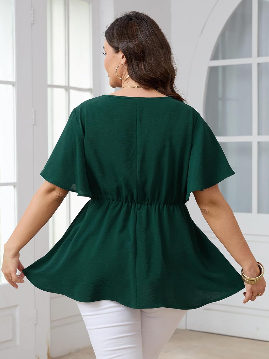 SCOMCHIC 2024 Women's Plus Size Peplum Tops Elegant V Neck Tie Front Bell Sleeve Flowy Blouses Shirts - Image 6