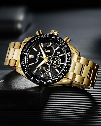 MEGALITH Men's Stainless Steel Watch Large Watches Men's Chronograph Analogue Quartz Men's Watch Dress Waterproof 3ATM with Calendar Business Casual