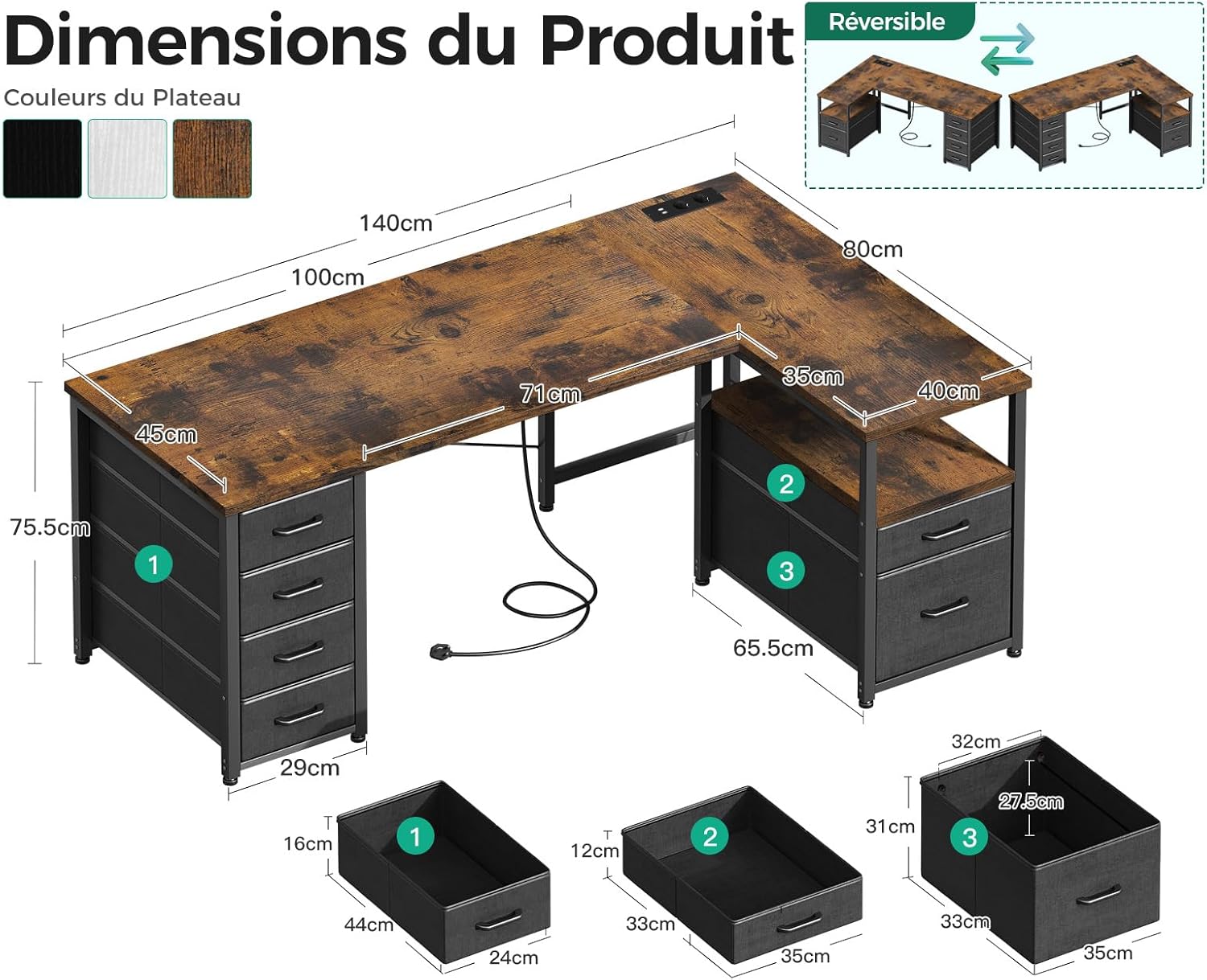 Diagram showing the dimensions of the Coleshome L-Shaped Desk and its reversible configuration options.