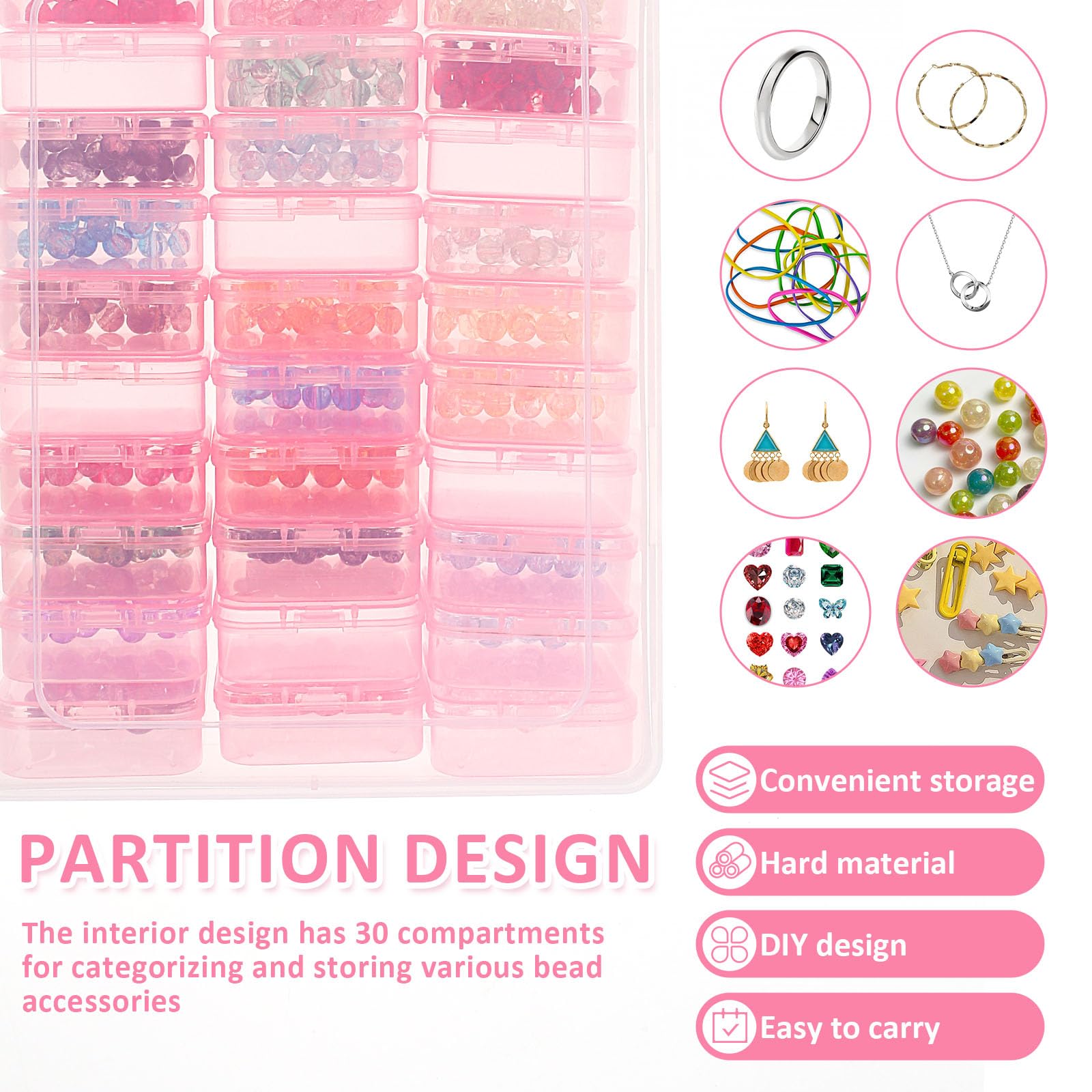 Kandishiex US Bead Organizer Box Plastic Bead Storage Container Portable Small Bead Storage Box with 132 Labels Bead Storage Case Bead Organizer Container for Holding Necklace Bracelet Earring(Pink)