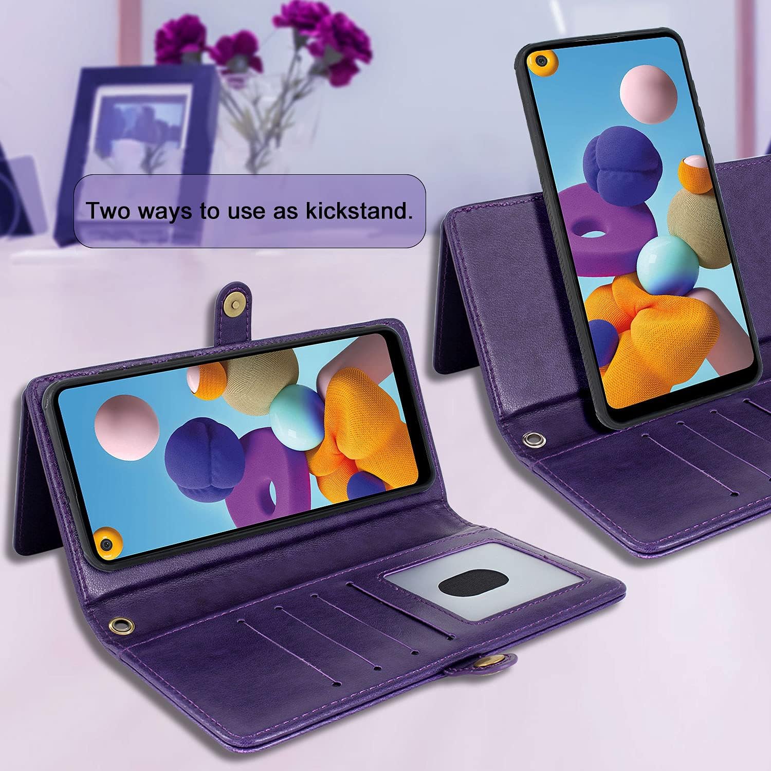 Galaxy A21 Case, Harryshell Detachable Magnetic 12 Card Slots Wallet Case Shockproof PU Leather Flip Protective Cover Wrist Strap for Samsung Galaxy A21 (Flower Purple)