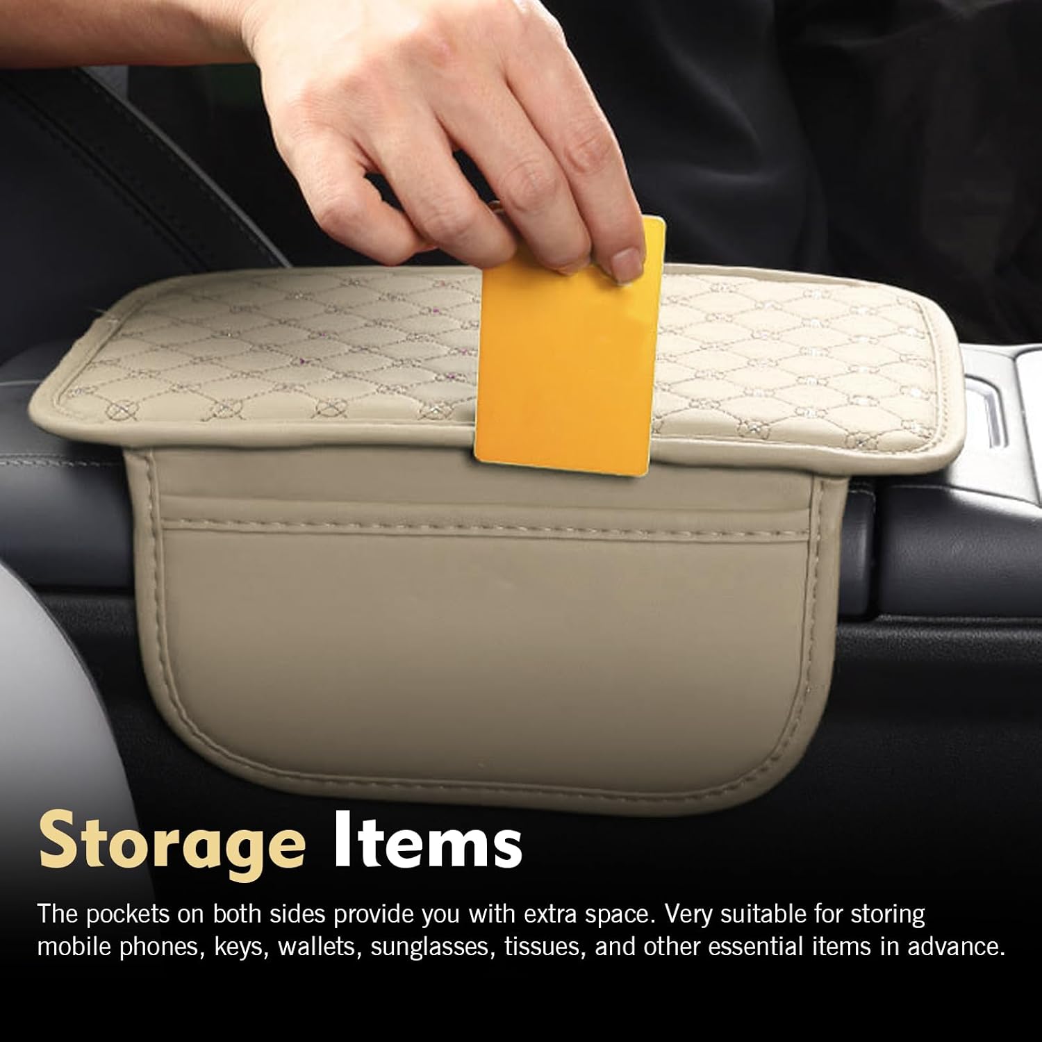 Car Center Console Cover, Leather Waterproof Armrest Cover Protector with 2 Side Storage Bags, 7.87" x 11.8" Comfort Anti-Slip Armrest Seat Box Pad, Universal for Most Cars (Beige)