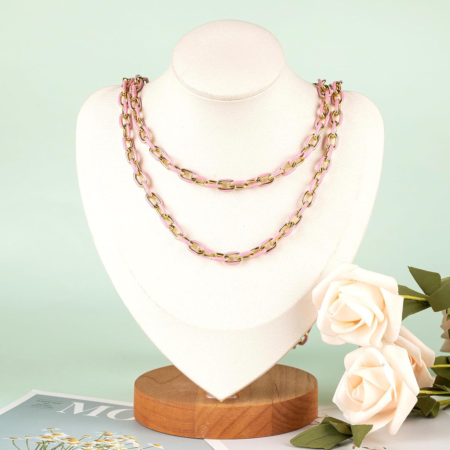 UMAOKANG 2 Meters Pink Enamel Paperclip Chains for Jewelry Making Gold Plated Stainless Steel Jewelry Chain for Necklace Bracelet DIY Jewelry Supplies Findings