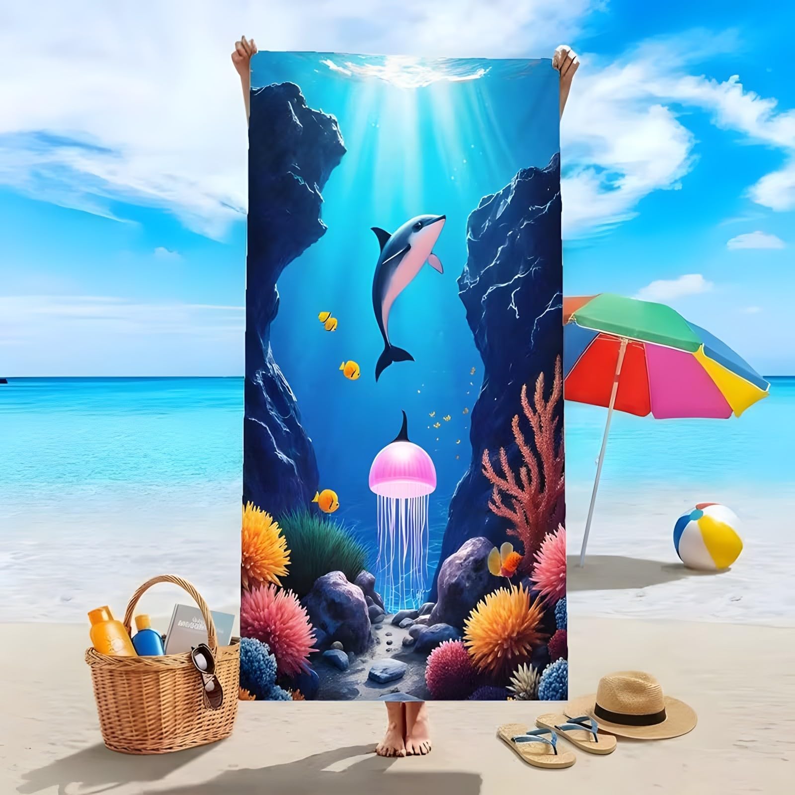 YZQGLHP Dolphins Microfibre Beach Towel Jellyfish Beach Bath Towel Quick Drying, Lightweight, Sand-Free, Durable, for Pool, Gym, Camping, Travel Towel 70x130cm