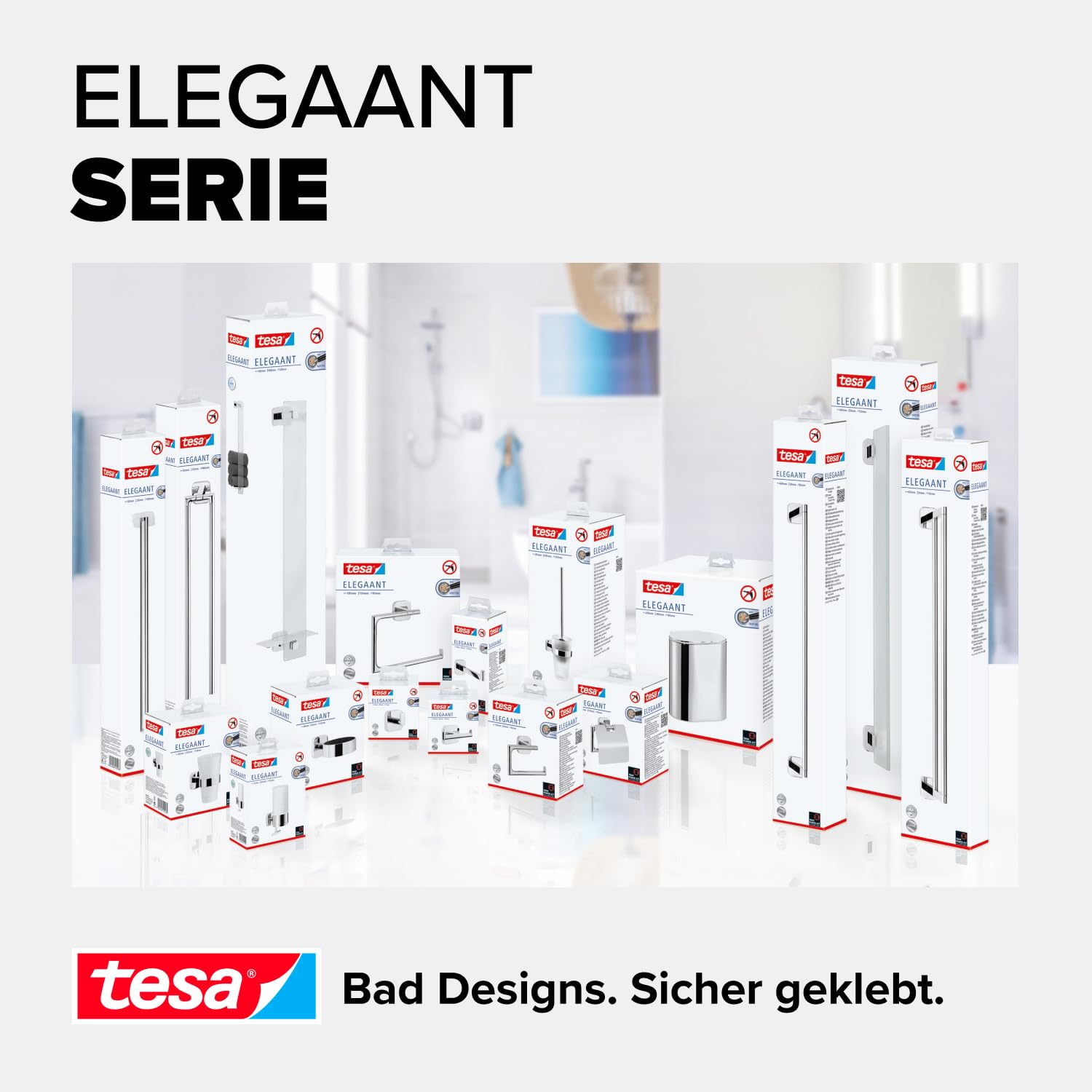 tesa ELEGAANT Bad Handtuchhalter, EIN Arm, verchromt - rostfrei, zur Wandbefestigung ohne Bohren, inkl. Klebelösung - 50 mm x 50 mm x 400 mm