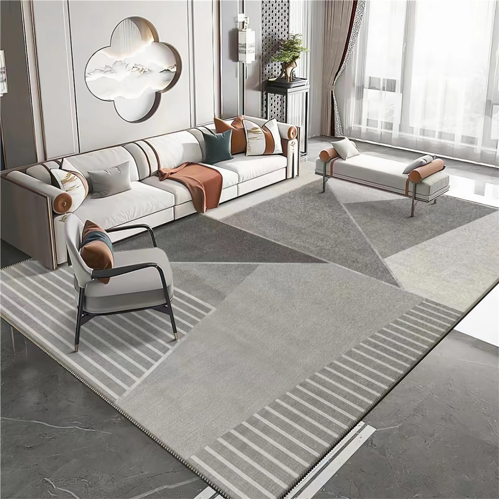 Tapis moderne design rayures géométriques gris beige pour grand salon cosy 180x250cm