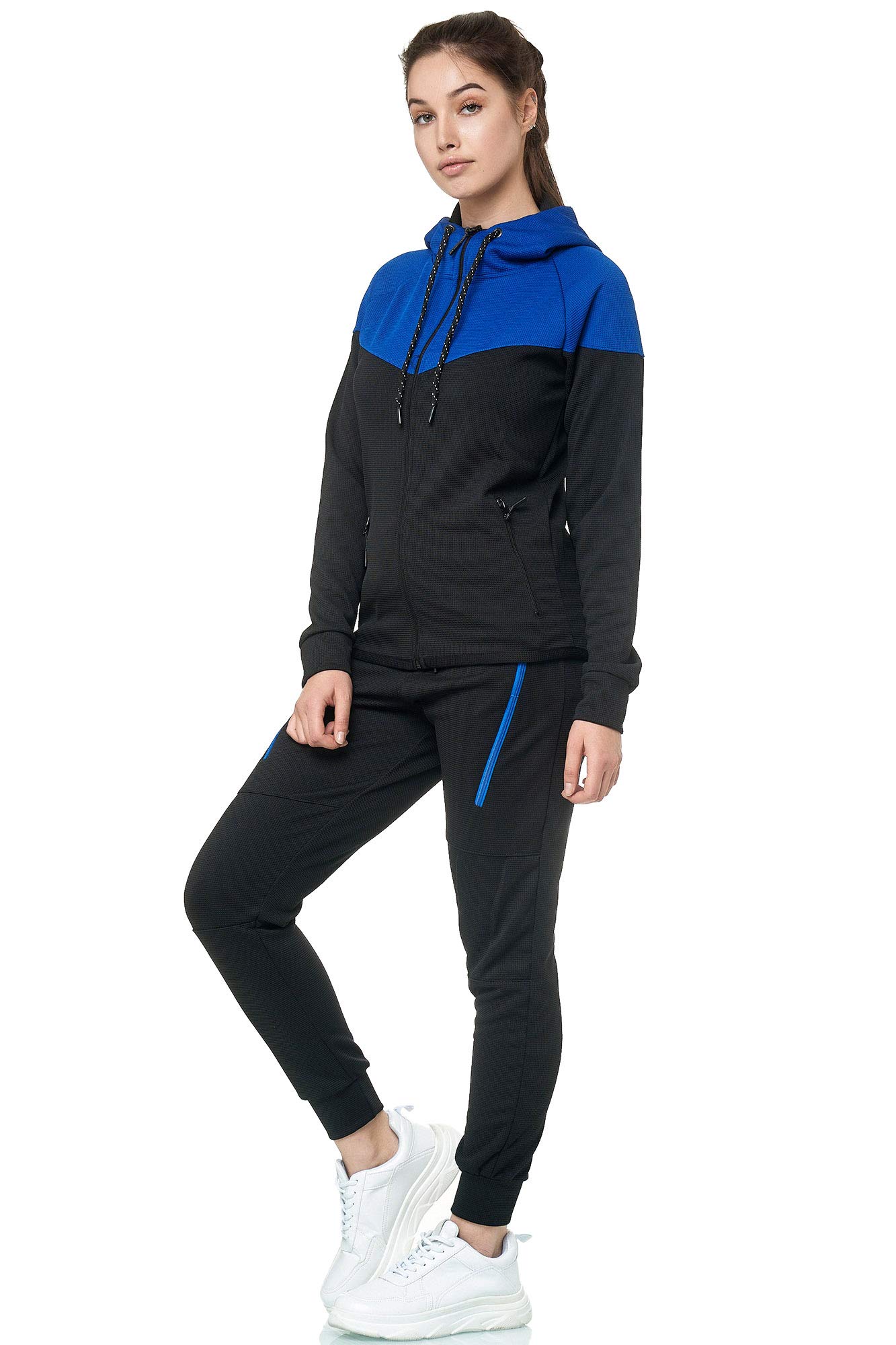 Violento Damski dres do biegania 0984 | fajny dres fitness z bawełny | kurtka treningowa z zamkiem błyskawicznym i kapturem | dres sportowy z gumowym ściągaczem, rozmiar S-3XL