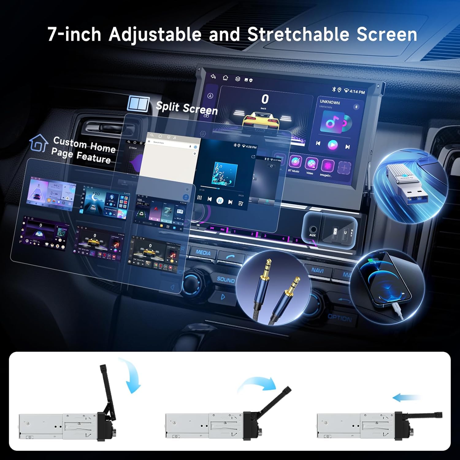 Image showing the 7-inch adjustable and stretchable screen of the car stereo, demonstrating split-screen functionality, custom home page feature, and various multimedia inputs like USB and AUX. The bottom part illustrates the manual retraction mechanism of the screen.