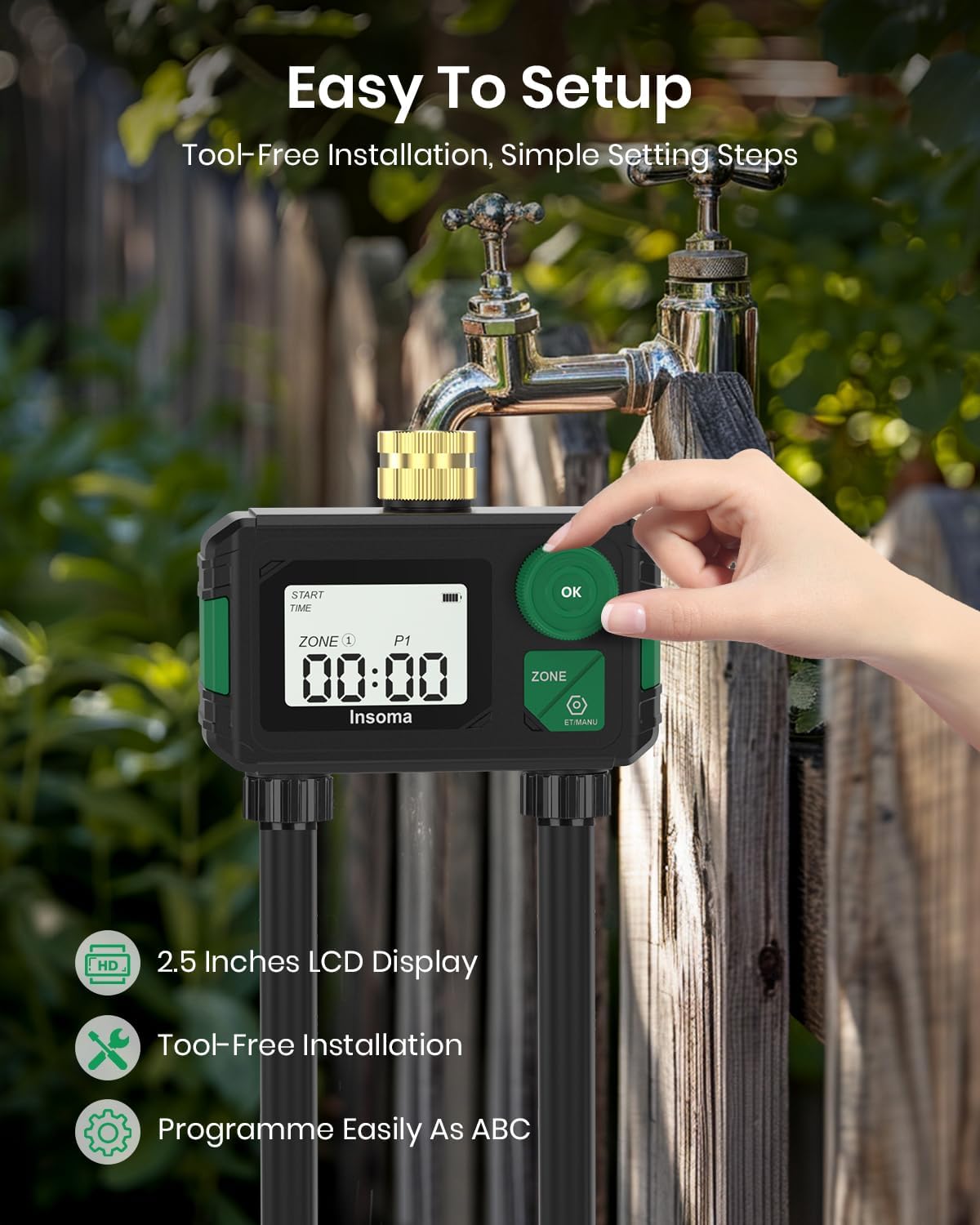 Hand pointing to the Insoma Sprinkler Timer installed on a faucet