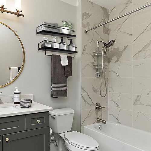 Miniatura 2 de Juego de 2 estantes flotantes de baño con marco de metal negro y toallero para baño, almacenamiento sobre inodoro y organizadores para dormitorio