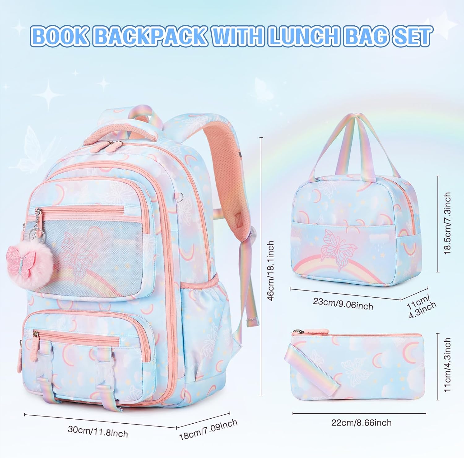 Backpack for Girls, Rainbow Butterfly Girls Backpacks with Lunch Bag Pencil Case Set, Kids Backpack Kindergarten Elementary Middle School Book Bag for Teen Girl Children Students - Image 2