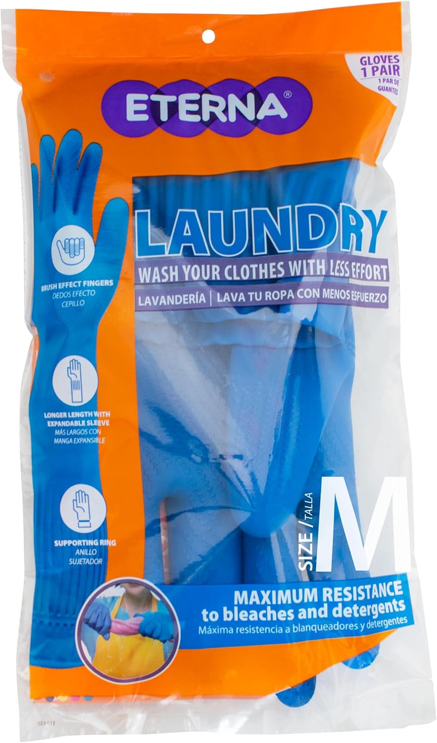 ETERNA Gloves Extra Long, Gloves for Laundry, Kitchen and Household Cleaning, Brush Effect on Fingers, Longer Lenght with Expandable Sleeve, Size M, 3.63 Oz (Pack of 2)