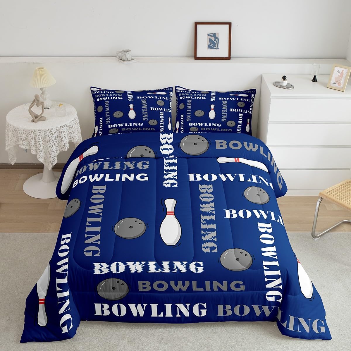 Feelyou Boys Bowling Ball Comforter Set Full Size Sports Bowling Print Bedding Set for Kids Teens Girls Ball Gamer Decorations Comforter Blue Quilt Set Bedroom All Season 2 Pillowcases