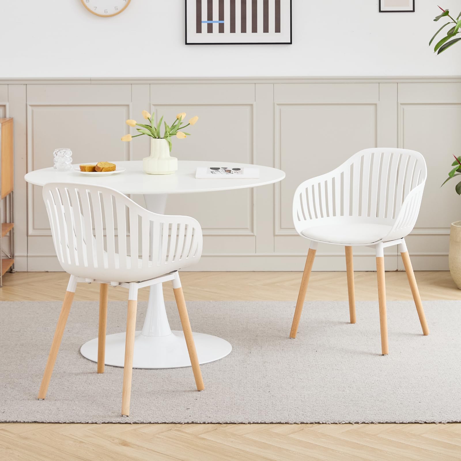 GrandCA HOME Juego de 4 Sillas Modernas de Comedor y Cocina con Reposabrazos y Cojines, Respaldo Hueco Vertical y Patas de Madera para Sala, Balcón y Oficina - Blanco