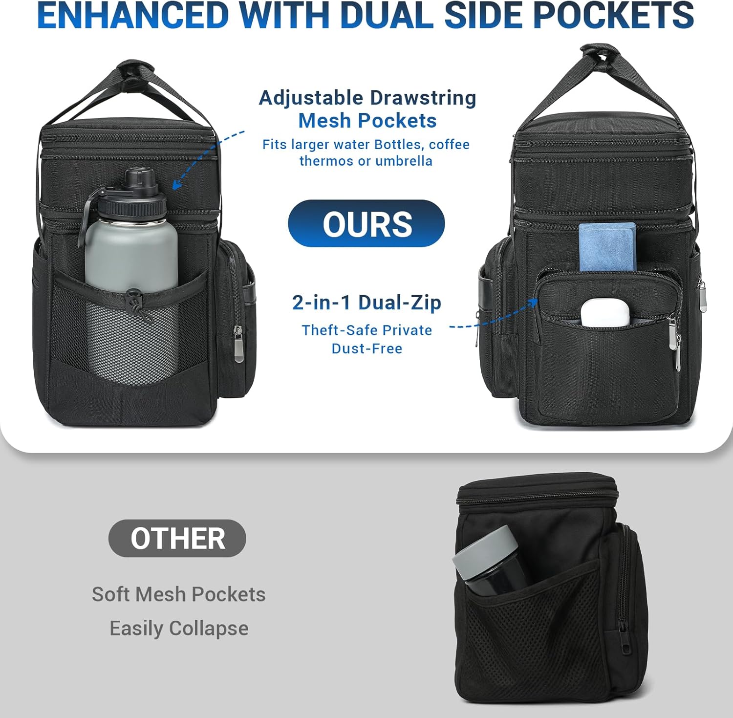 Insulated Lunch Box for Men, Double Deck Reusable Lunch Bag for Women, Leakproof Lunch Cooler Durable Waterproof Expandable - Lunchbox for Adult Work, Black,16L - Image 3