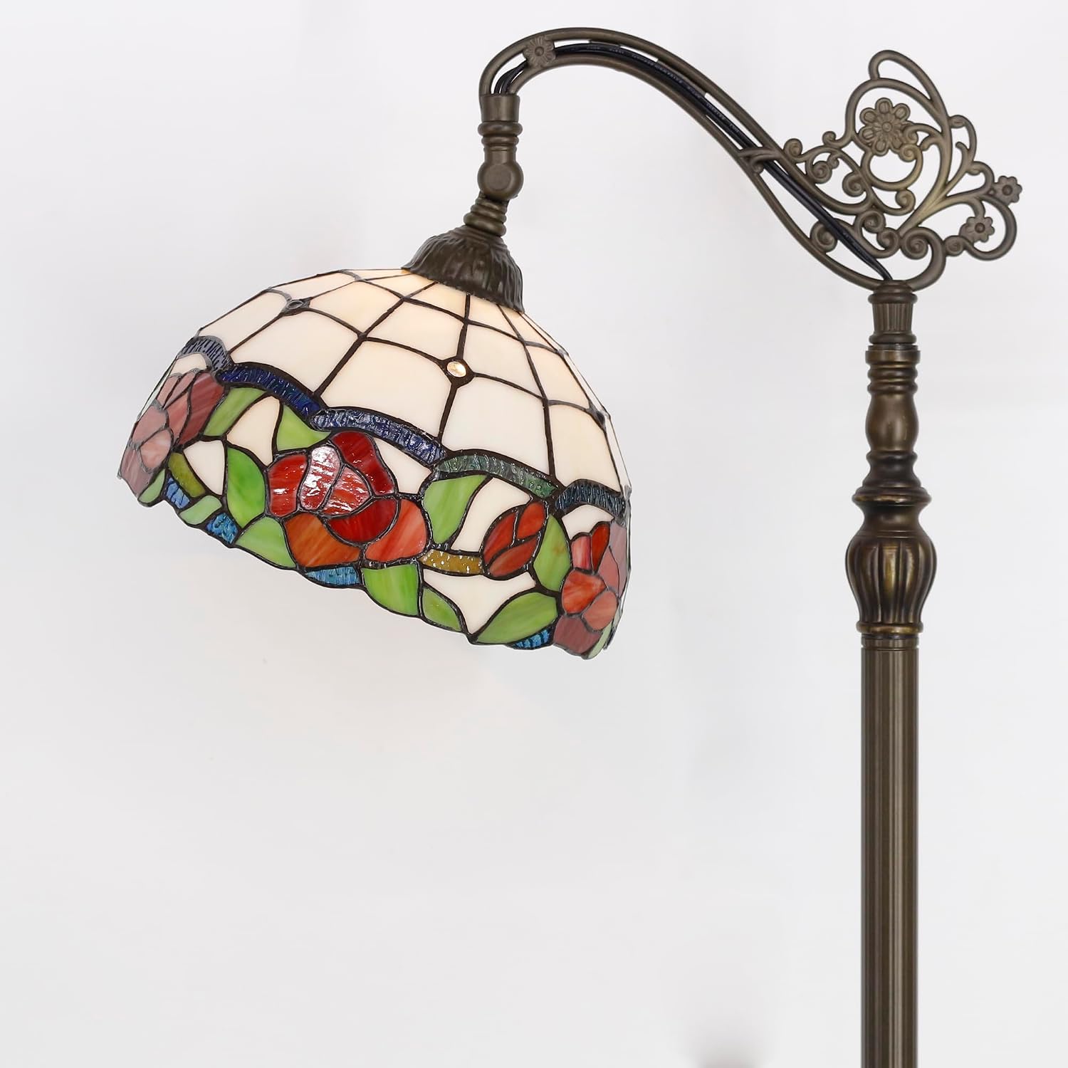 Tiffany Floor Lamp Stained Glass Rose Flower Style Arched Reading Light Gooseneck Adjustable Corner Standing Lamp 12X16X66 Inch for Bedroom Living Room Home Office