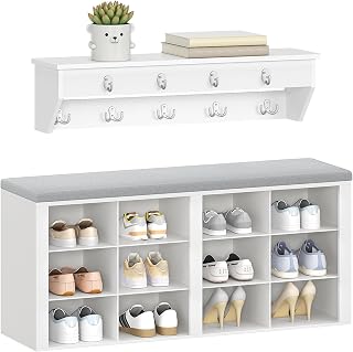 Hzuaneri Coat Rack with Bench, Shoe Bench with Seat, Entrance Bench 30x104x49cm, Wall Hanging Coat Rack with 9 Hooks Coat Hooks for Living Room, Bedroom, Entrance, White Grey, HT24903GY