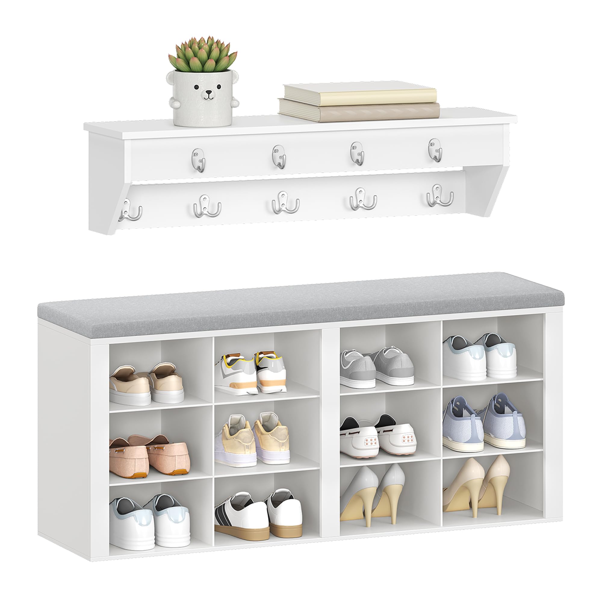 Hzuaneri Shoe Storage with Padded Seat & 9 Coat Hooks, Shoe Bench with Cushion, Coat Rack with 12 Open Compartments & Wall Rack, Adjustable Shelves for Hallway, Living Room, Bedroom, White, HT24903GY โ image 1
