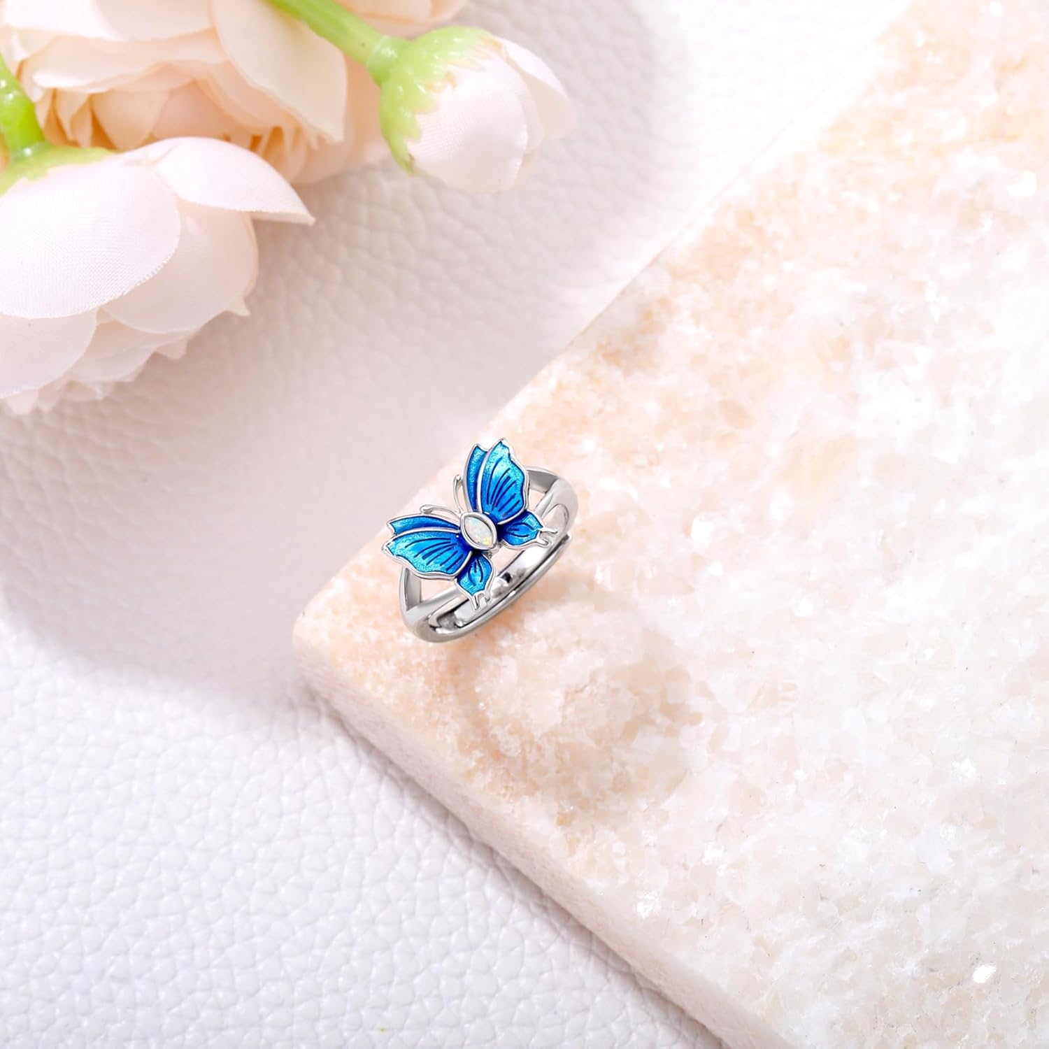 Sterling Silver Blue Butterfly Opal Rings for Women,Butterfly Open Ring Butterfly Ring Butterfly Adjustable Ring Opal Ring Jewelry Gift for Hers Ring Adjustable Size 6-9-1