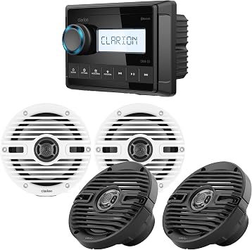 Clarion CMM-20 Marine Source Unit with LCD Display with 2 CMS-651-CWB 6.5-inch Marine Coaxial Speakers, Classic Grilles