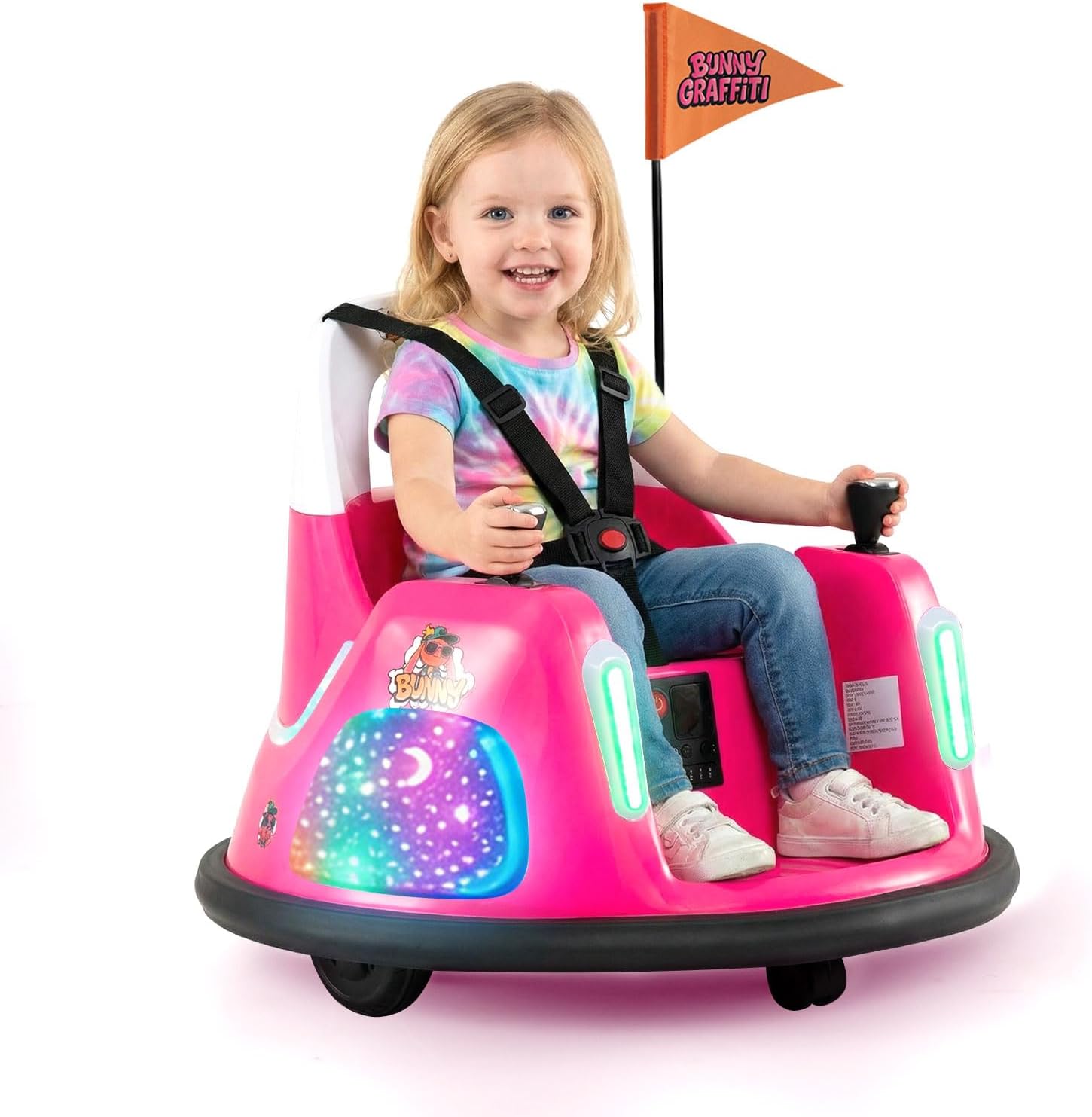 OLAKIDS 12V Kids Bumper Car with Parent Remote Control, 5-Point Harness, 360° Spin, LED Lights & Music, Toddlers Ride On Toy for Ages 1.5-6 (Pink)