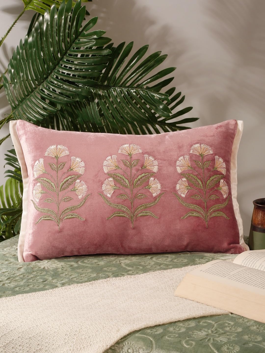Pink & Green Floral Embroidered Velvet Rectangle Cushion Cover | Elegant Decorative Pillow Cover | Soft Premium Velvet | 12x18 Inch-image-20