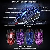 Vista 6 de BlueFinger Teclado y mouse para juegos, mouse y teclado retroiluminado con cable USB, letras brillantes, retroiluminadas de 3 colores, juego