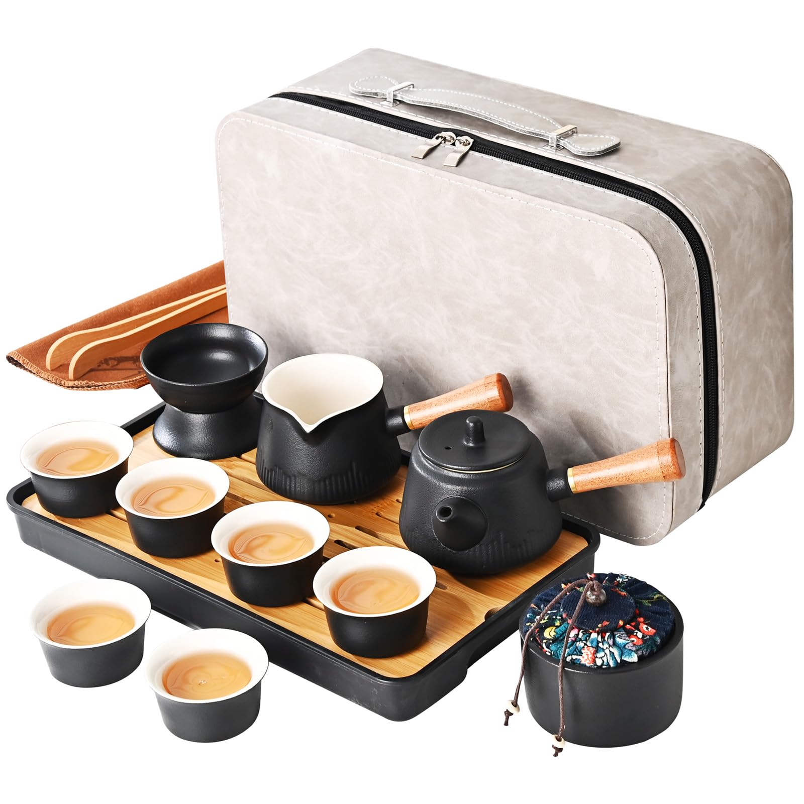 Chinese Tea Set Kung Fu Tea Set gongfu tea set travel tea set with teapot(with Side handle) 6 Tea Cups,Tea Tray,Tea Caddy,Tea Set for adults tea sets for women china men ceremony gifts ​(Ceba 6cups)