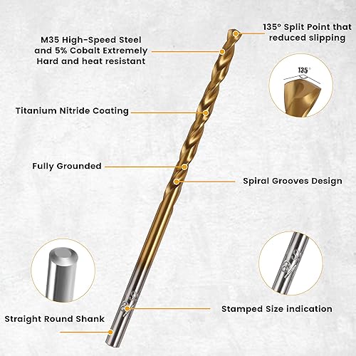 Miniatura 3 de Mulwark M35 - Juego de 15 brocas de cobalto  Juego de brocas Jobber de metal recubierto de nitruro de titanio para acero endurecido, plástico o