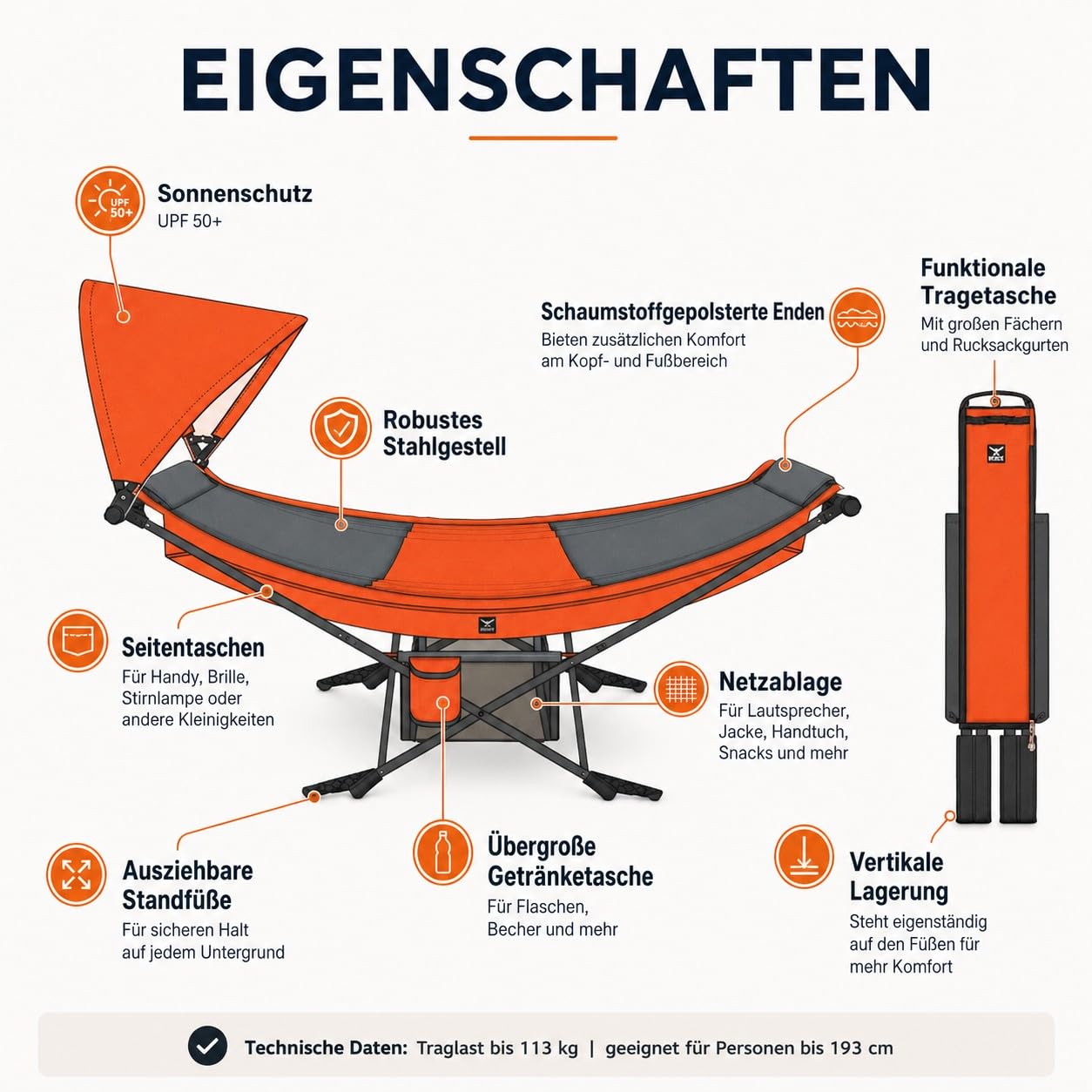 LET'S CAMP Hängematte mit Gestell, Mock ONE® freistehende Garten-Hängeliege mit UPF 50+ Sonnendach, 210T Fallschirmnylon, Stahlrahmen bis 113kg, klappbar & tragbar für Garten/Balkon/Terrasse/Camping