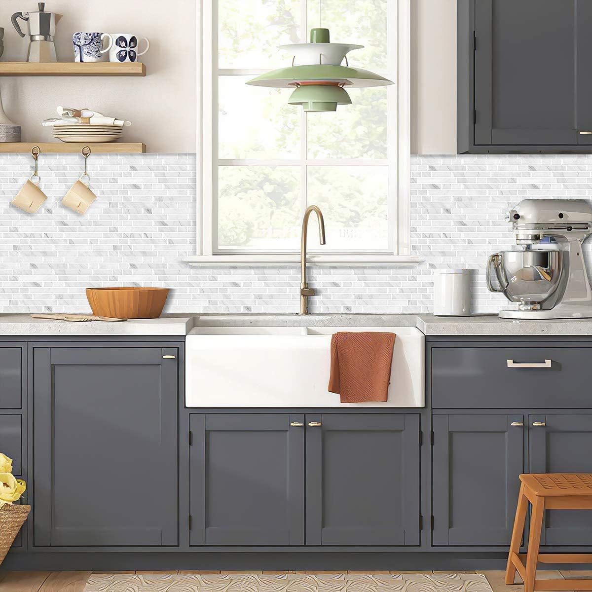 Yipscazo 10-Sheets Peel and Stick Backsplash for Kitchen Slate White Stick on Backsplash for Bathroom Self-Adhesive Wall Tiles for RV, Laundry Room(12"X12")