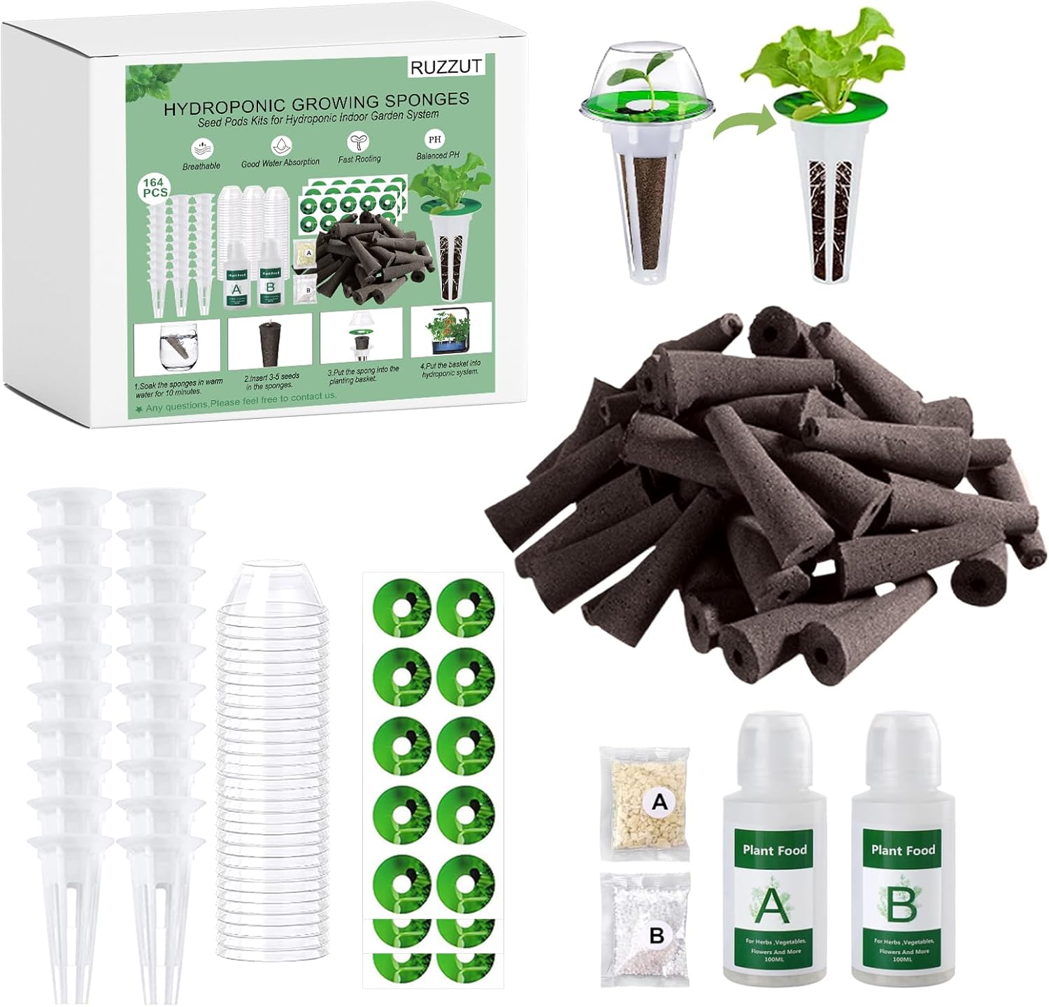 164PCS Seed Pods Kit for Hydroponic Growing System,Hydroponics Garden Accessories,Grow Anything Kit with 40 Grow Sponges for Indoor&Outdoor Seed Starting Supplies
