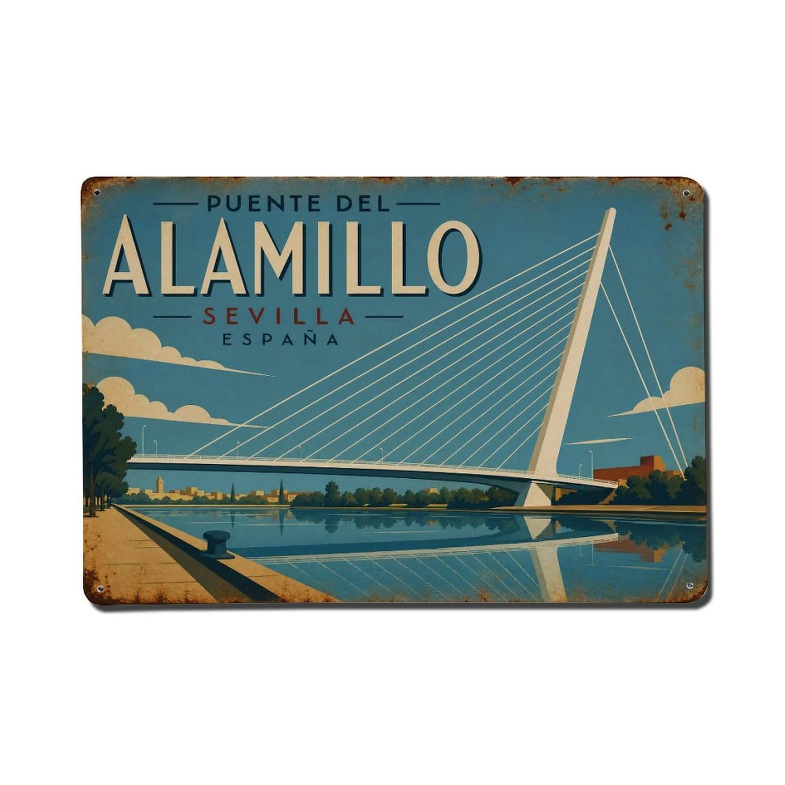 Vintage Travel Puente Alamillo Seville Modern Bridge Metal Tin Sign Wall Decor for Cafe, Club, Garden Metal Poster 8x12Inch