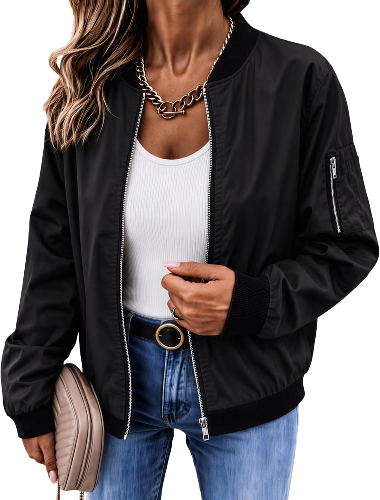 Women's Bomber Jacket Casual Coat Zip Up Spring Fall Clothes with Pockets S-XXL