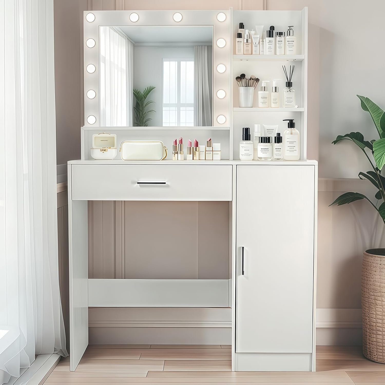 Vanity Desk with Mirror & 12 Bulb 35" Makeup Table Large Drawers Storage Cabinet, 3 Lighting Modes Adjustable Brightness, Dressing for Girls Women, Black (Black)