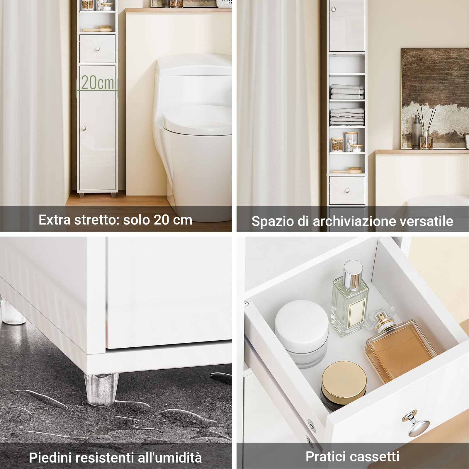 SoBuy Bianco Lucido Mobile Bagno Salvaspazio Colonna Stretta 20x20x180cm | Mobiletto Stretto con Cassetto e Ripiano Regolabile Armadietto Alto BZR167-GW