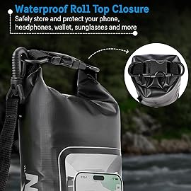 Pelican Marine IP68 Waterproof Dry Bag 2L - Roll Top Waterproof Backpack w/Phone Case/Pouch - Boating & Kayak Accessories - Essentials for Camping Swimming Beach Fishing Rafting Travel - Black