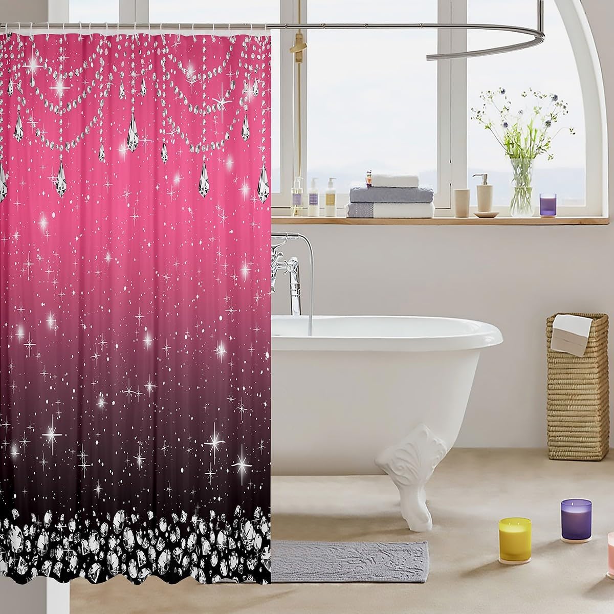 Homewish Sparkling Diamond Shower Curtain with Hooks,Stars Glitter Starlight Galaxy Shiny Waterproof Bath Curtain,Pink Black Gradient Romantic Bathroom Accessories Curtain Panel, 72Wx84L inch