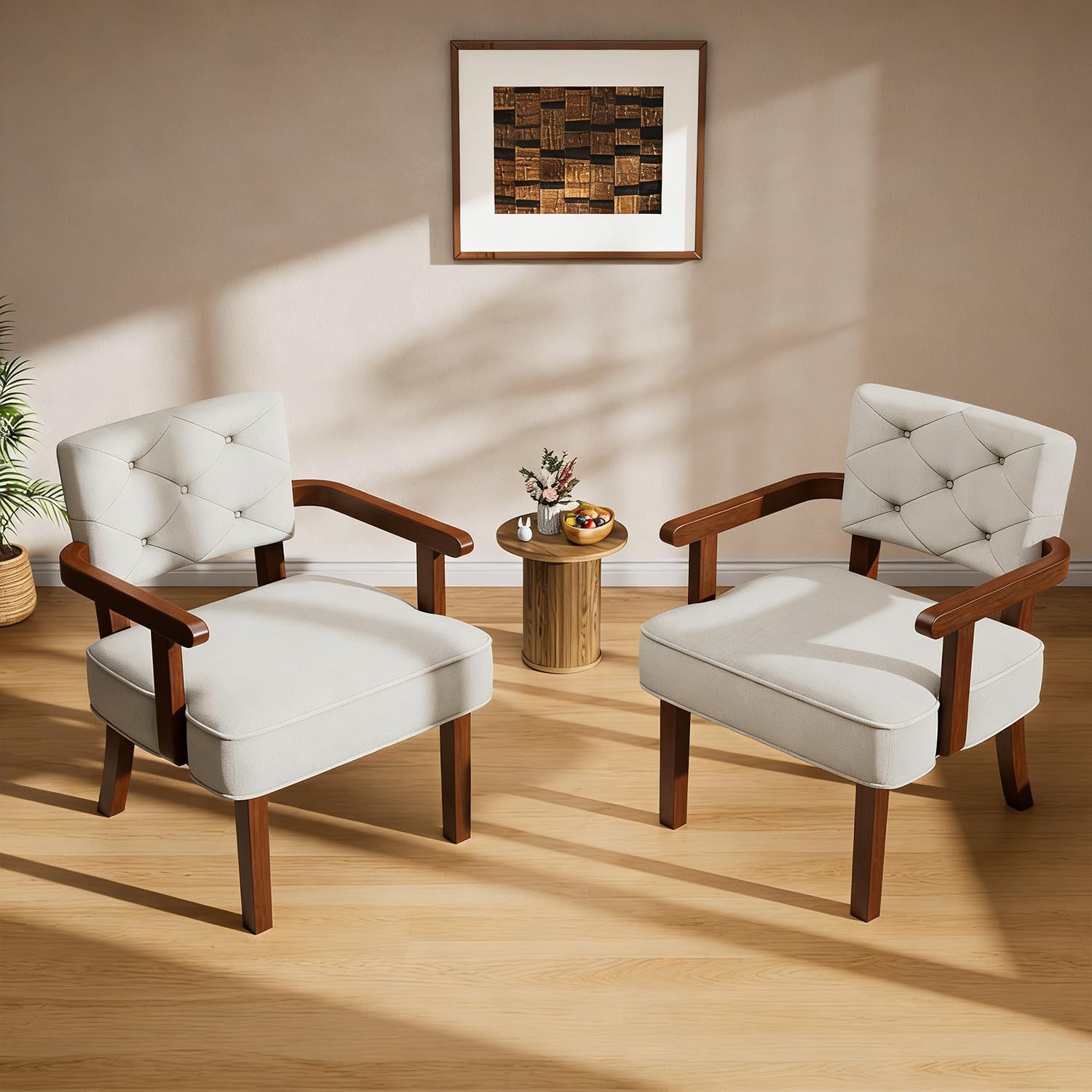 Modern Accent Chairs Set of 2,Butacas para Sala,Mid Century Small Arm Chair,Upholstered Wooden Chairs with Arm Rest,Tufted Backrest,Cushion, for Office,Waiting/Reading/Living Room, Beige