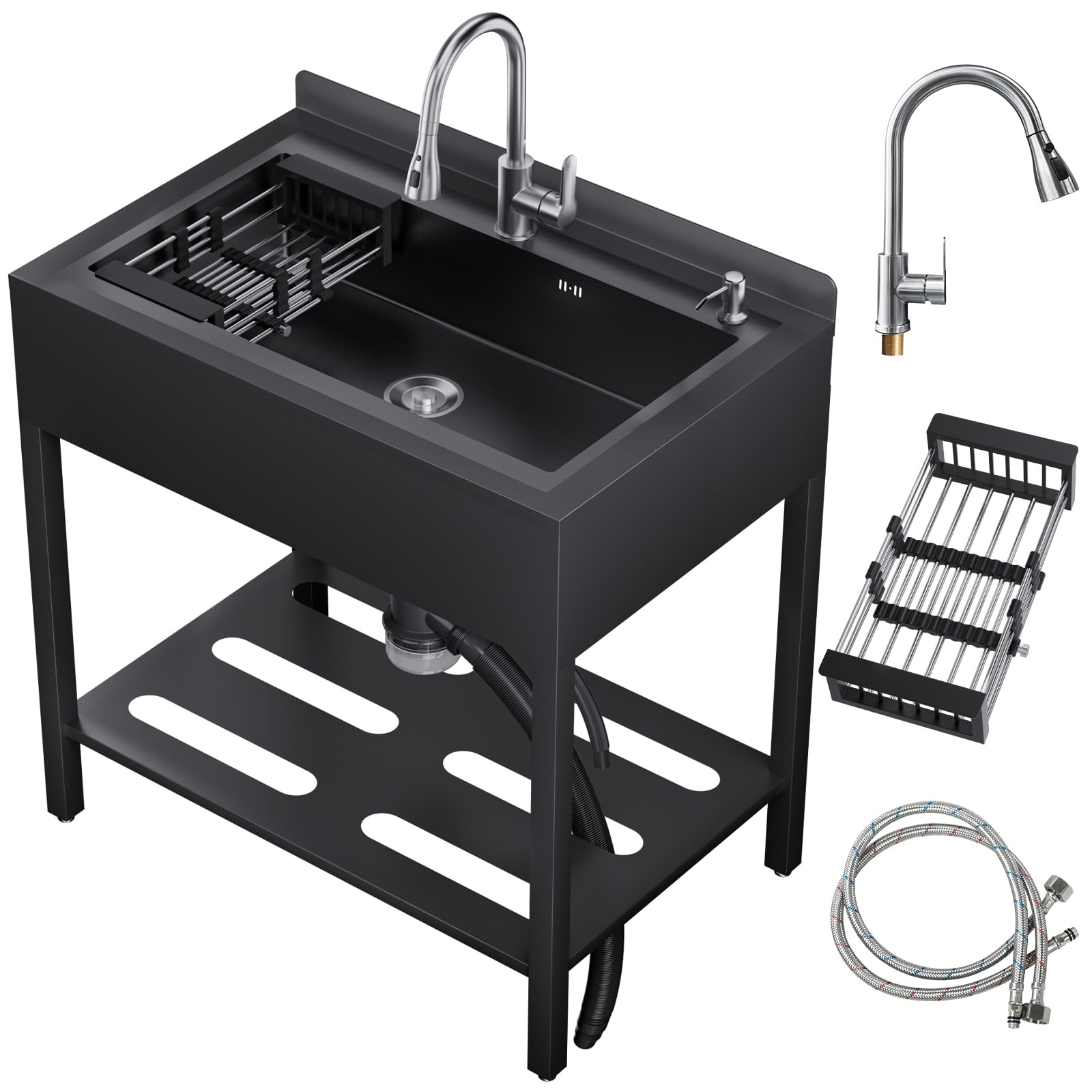Stainless Steel Freestanding Utility Sink with Cold and Hot Water Faucet, Kitchen outdoor Sink with and Drain Kit, Laundry sink For Bathrooms,