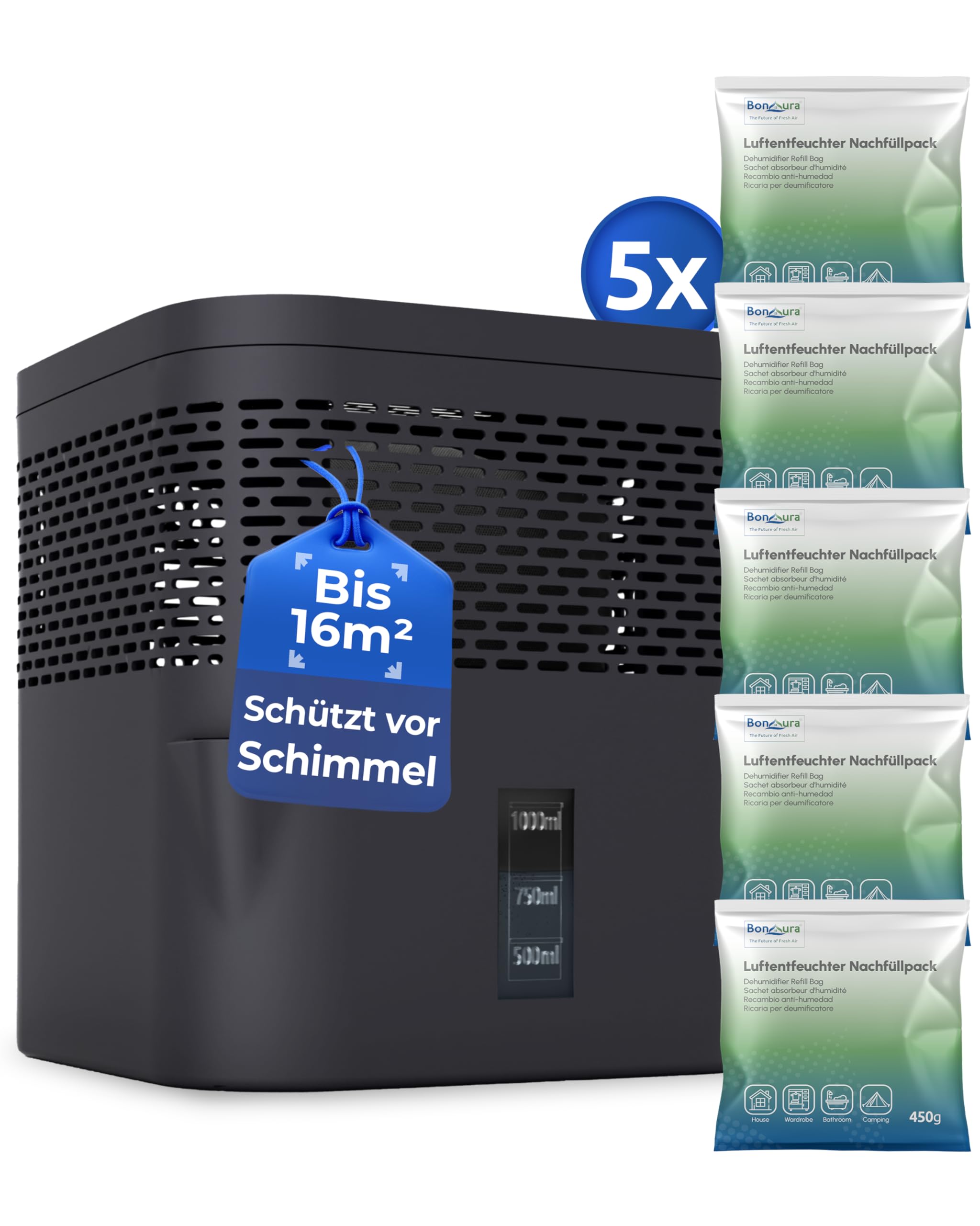 BonAura® AirOne Lite Luftentfeuchter ohne Strom bis 33m² I 360° Belüftung I Raumentfeuchter mit Ausgießer & 5 x 450g Luftentfeuchter Granulat I Schimmel- und Geruchsschutz I Raum Entfeuchter Keller