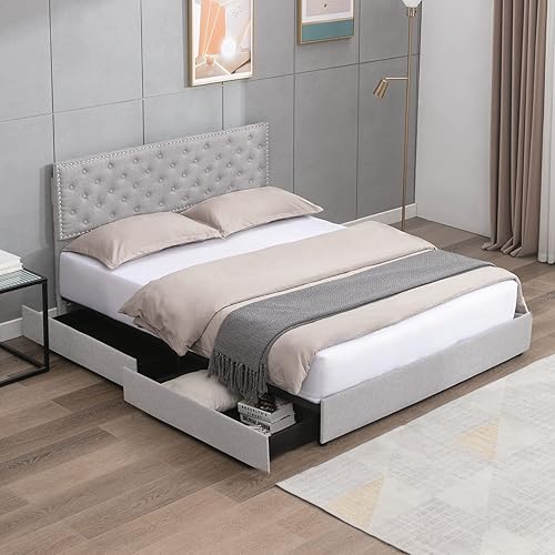 Mjkone Base de cama de tamaño matrimonial con 4 cajones de almacenamiento, plataforma tapizada con cabecera ajustable y tela de lino de algodón,