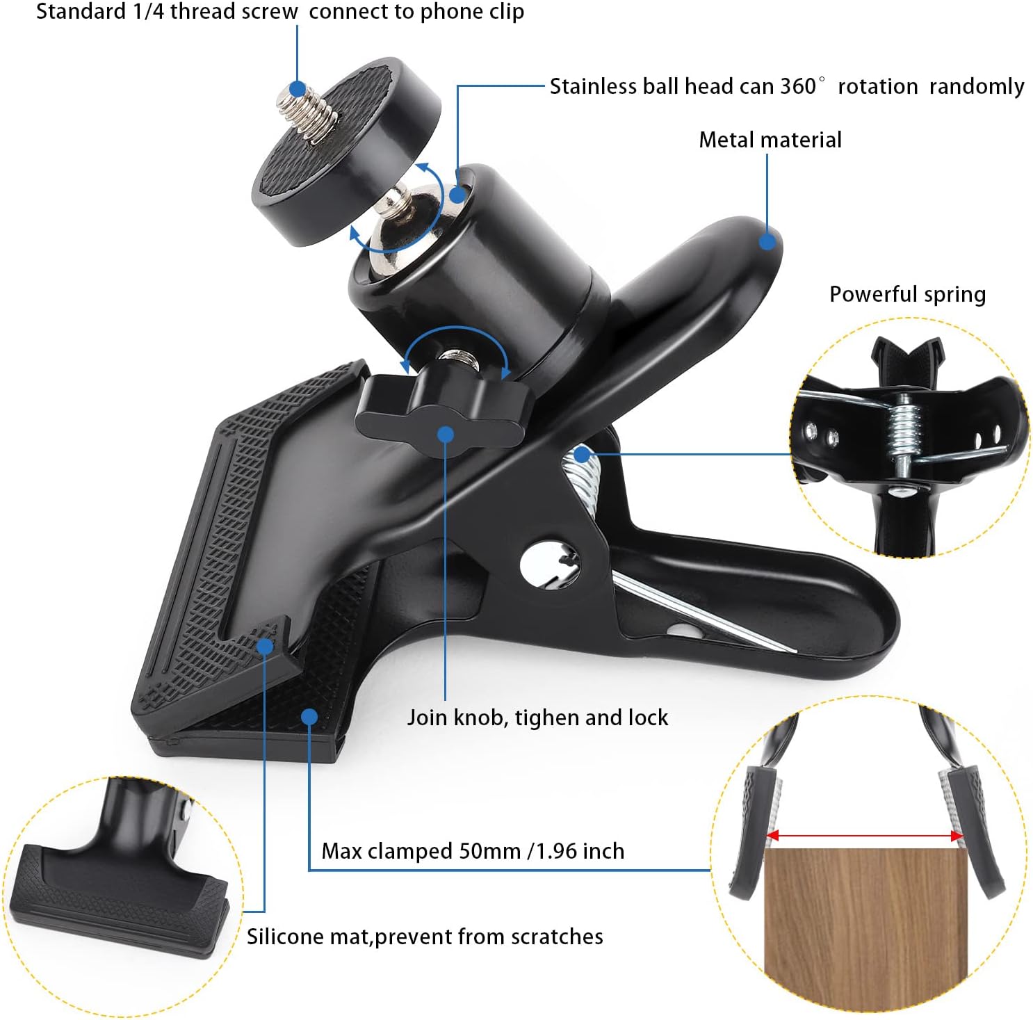 Mippko Clip Clamp Phone Holder for Desk,Table,Glass Door,Baby Stroller,Music Stand,Compatible with 3.5~7.5 inch iPhone/Nexus/HTC/LG/Huawei/Smart Phones,360°Adjustment Mount No Any Tools Drilling