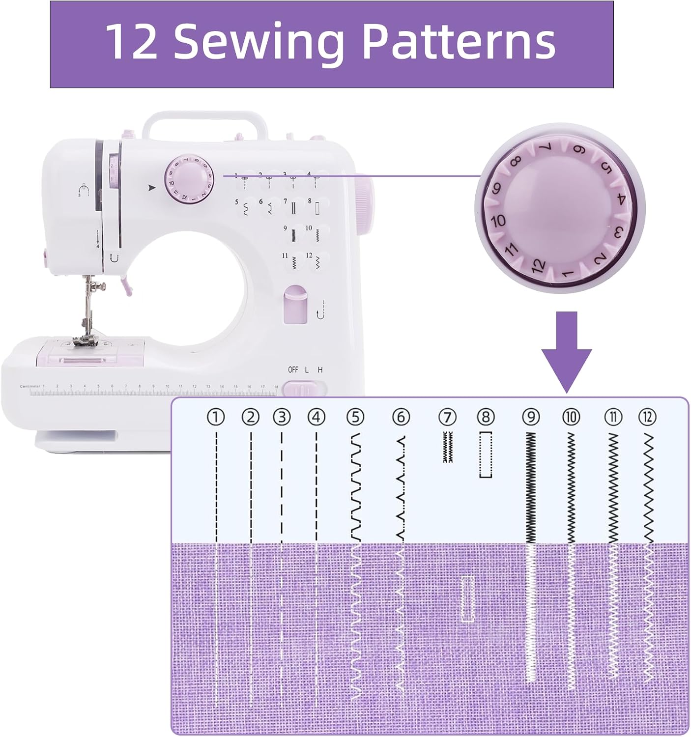 Compact Sewing Machine for Beginners, 12 Built-in Patterns, Lightweight with Reverse Function & Foot Control, for Handcrafting Clothes & Repairs（505)