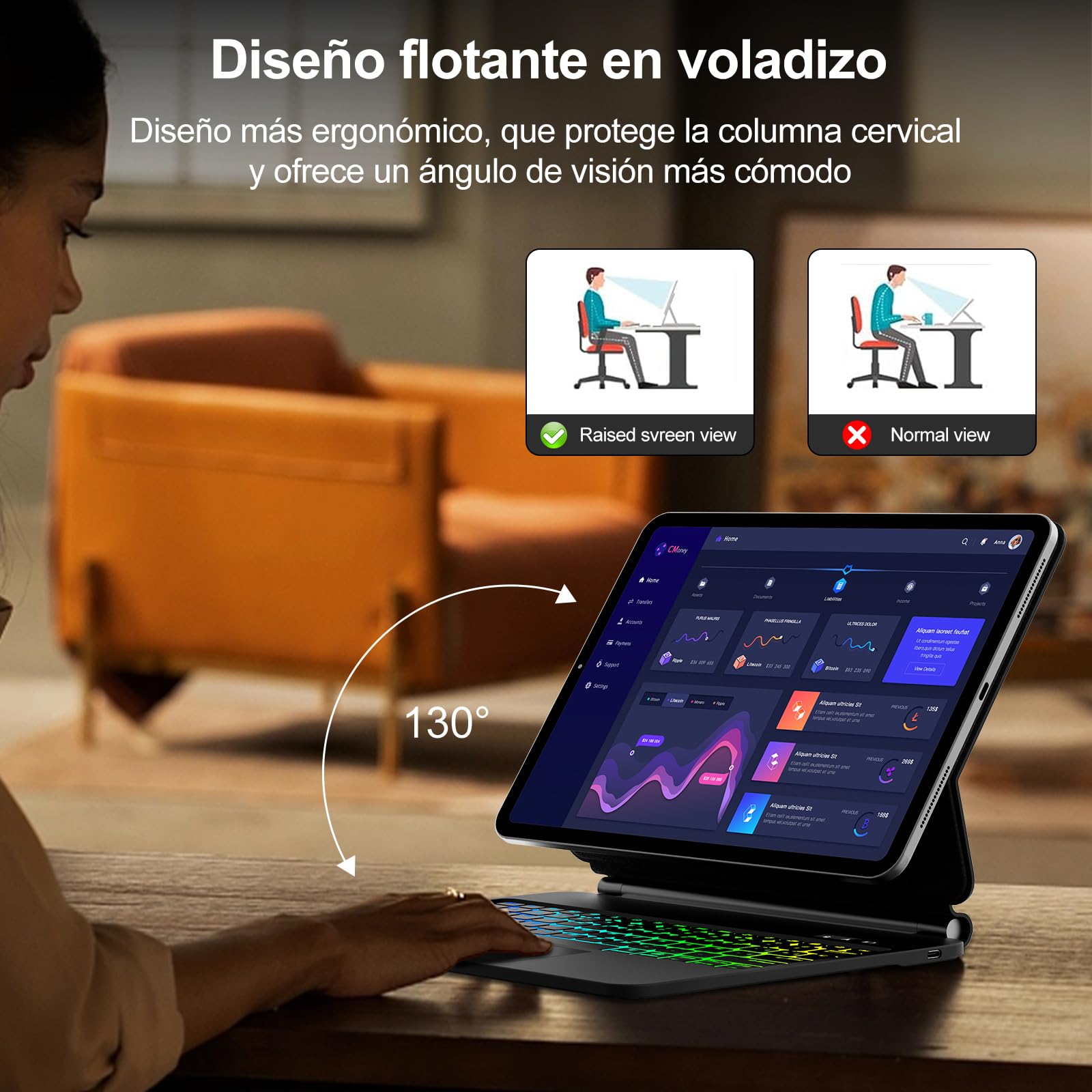 IVEOPPE Teclado Magic para iPad Air 13 Pulgadas (M4 2026/M3 2025/M2 2024) | Funda Keyboard 7 Colores Retroiluminados, Diseño Magnético Flotante con Trackpad para para iPad Pro 12.9 3-6 Gen, Negro